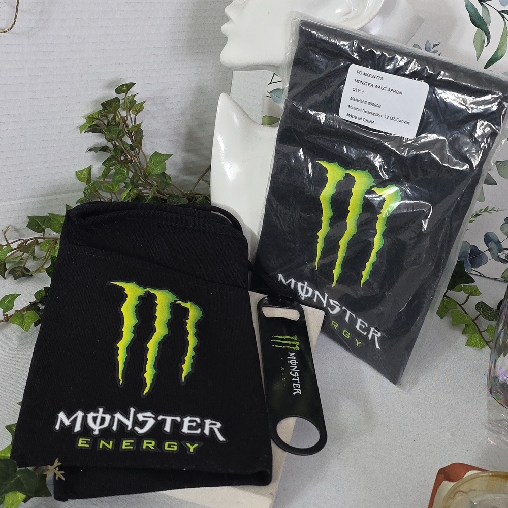2 Black Monster Energy Drink Server 3 Pocket Apron  NEW